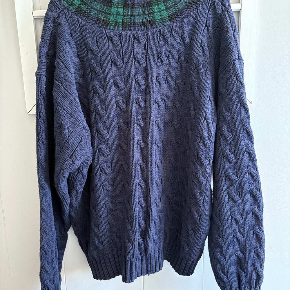 Women’s XL Vintage Gap Cable Knit 100% Cotton Sweater Navy & Green Plaid V Neck - Picture 9 of 11